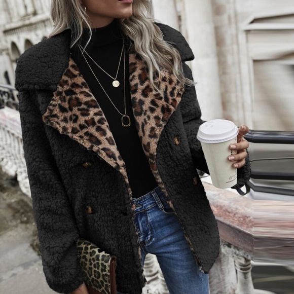 BellanBlue Jackets & Blazers - Black Leopard Print Button up Teddy Coat Jacket
